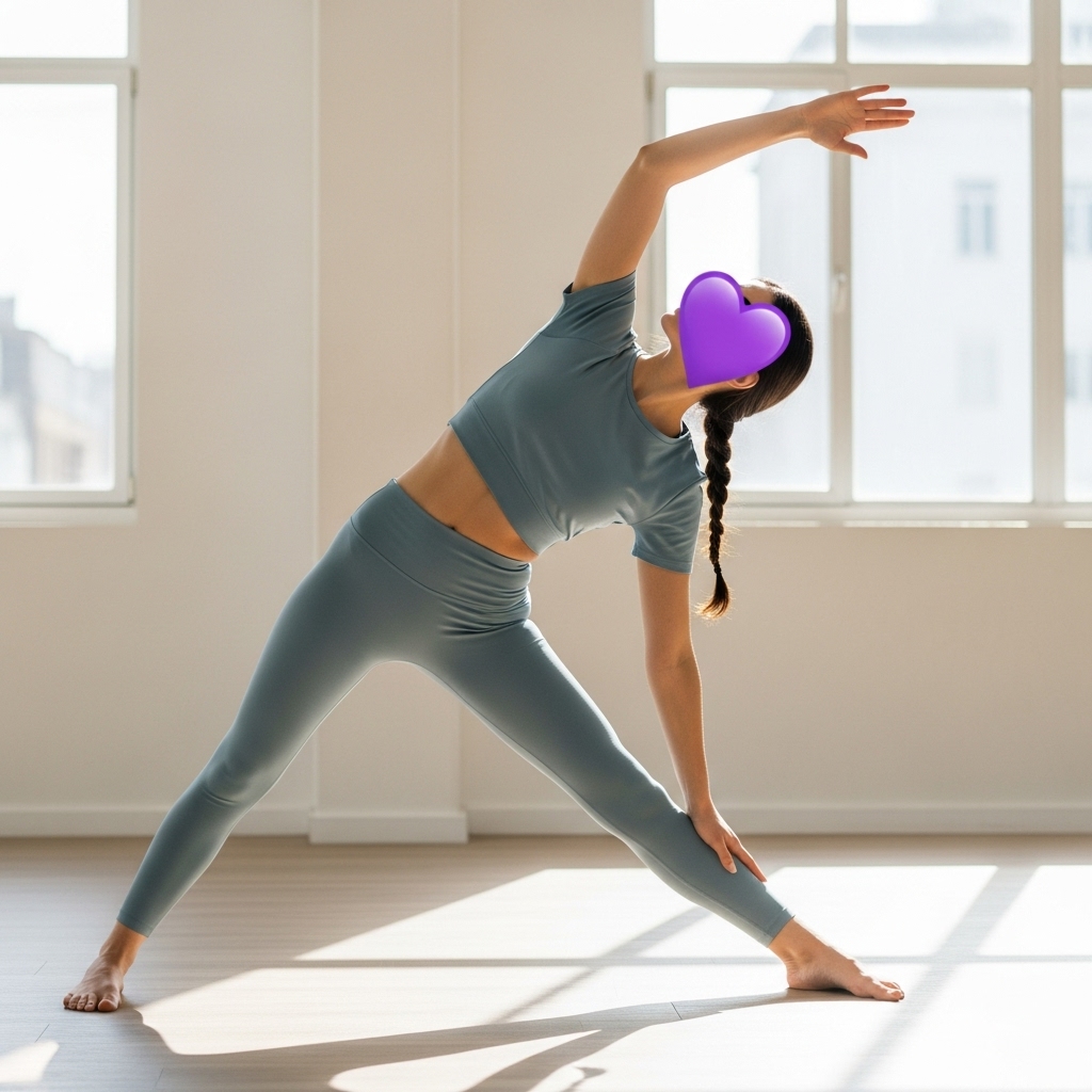 Yoga symboliseret ved billede af kvinde i gråt træningstøj der står med strakte, adskilte ben og bøjer sidelæns ned mod det ene ben med modsatte arm over hovedet.