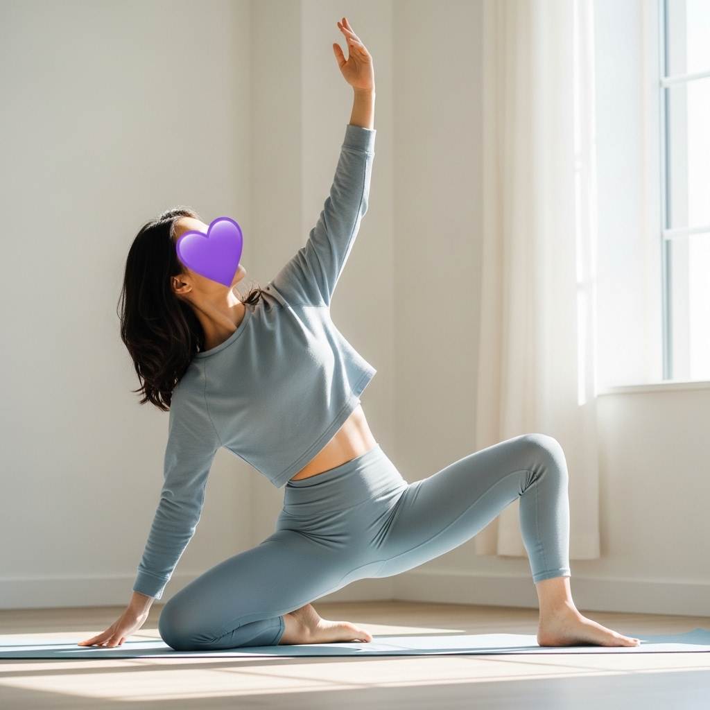 Yoga symboliseret ved kvinde der sidder på hug med det ene ben lidt fremme. Arm strakt mod loftet, anden arm støtter mod gulv. Hun kigger op. Gråt tøj.