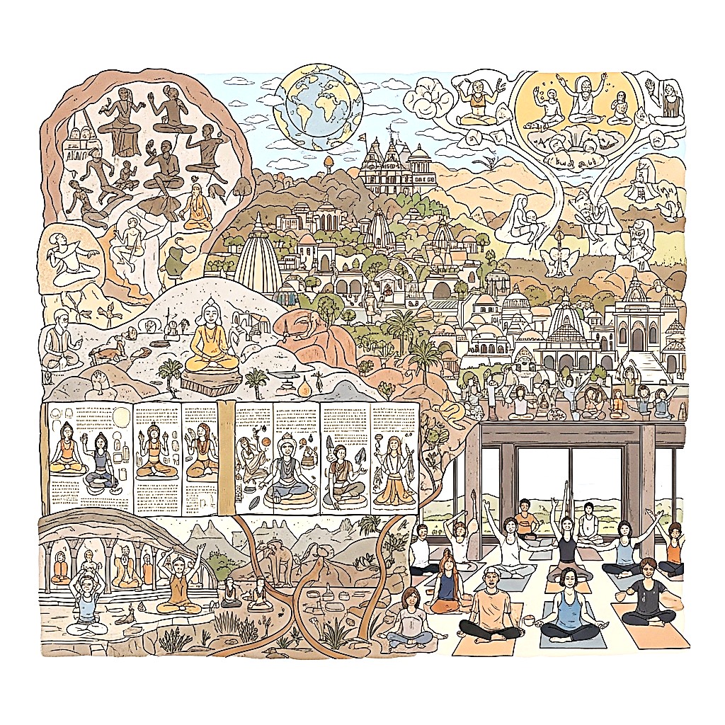 Yoga symboliseret ved planche med historiske indtryk fra yoga gennem tiden.