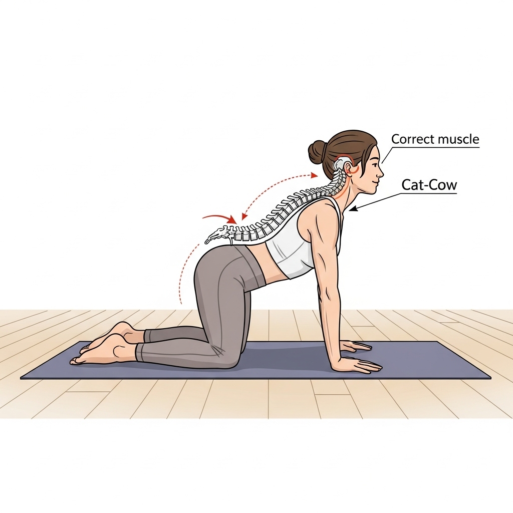 Yoga symboliseret ved tegning af kvinde der ligger på alle 4 på en gulvmåtte, hun har svaj i ryggen og rygsøjlen vist uden på tøjet.