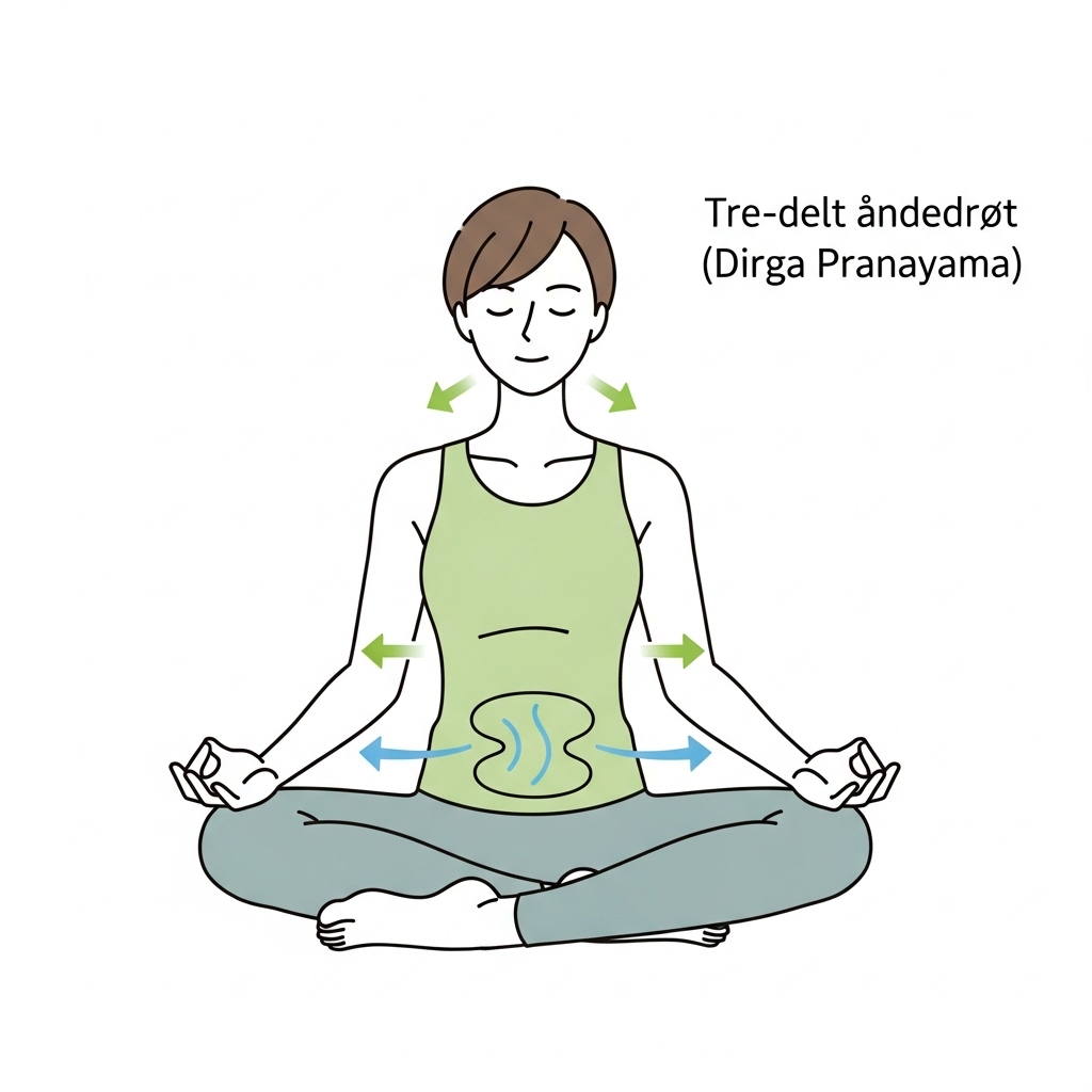 Yoga symboliseret ved tegning af mand i grøn undertrøje og grå bukser. Han sidder i lotusstiling.