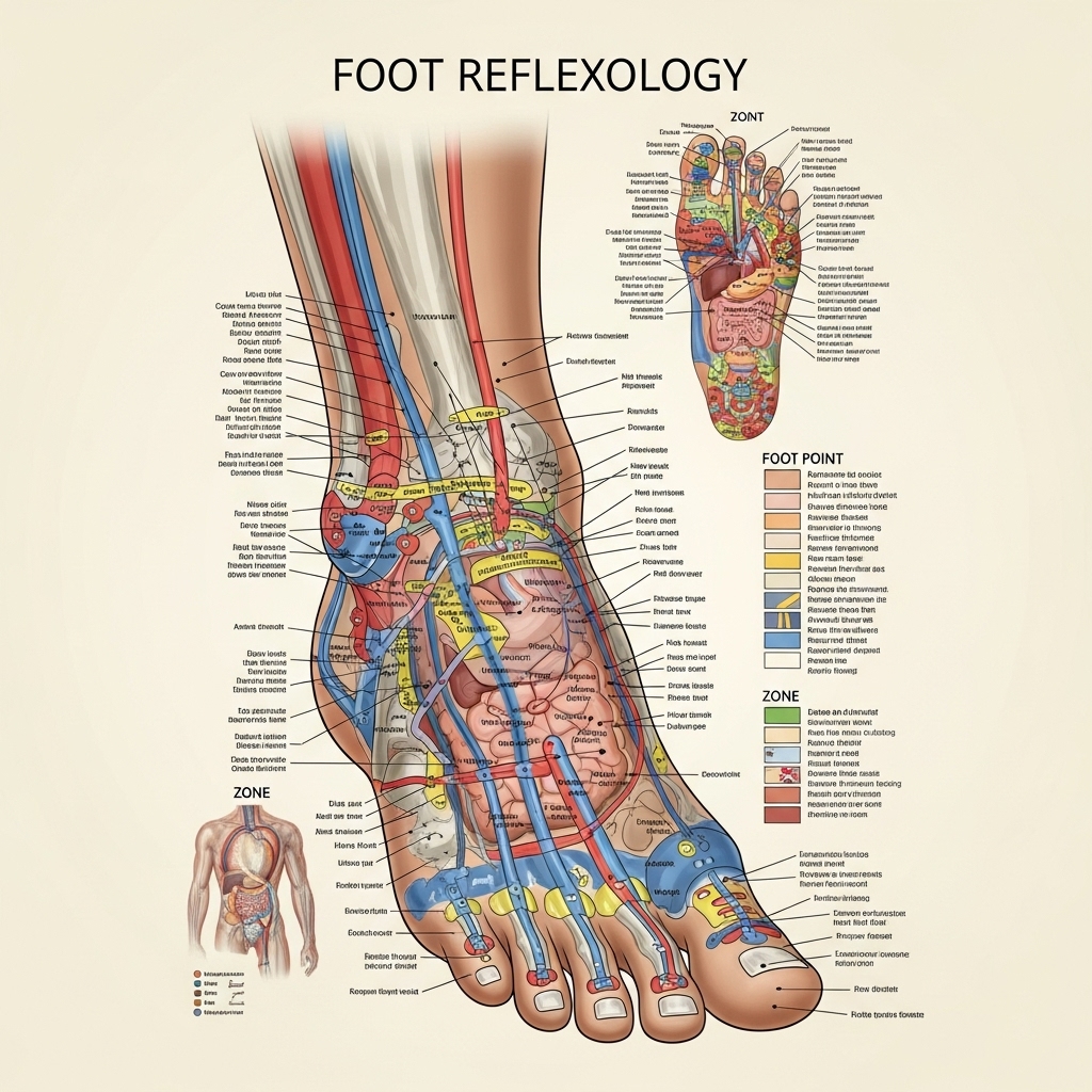 Zoneterapi symboliseret ved billede af fod og del af underben med diagram over fodrefleksologi.