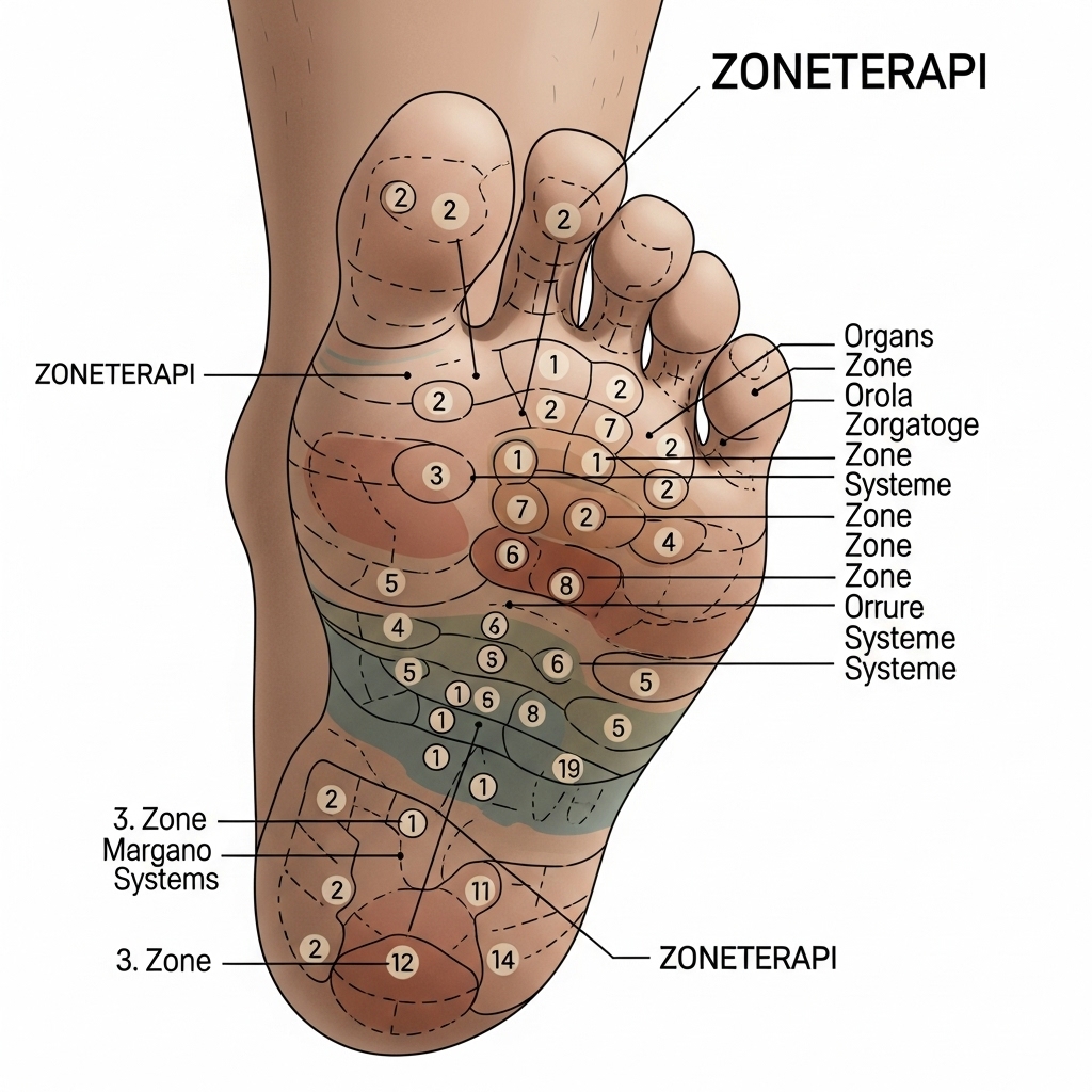 Zoneterapi symboliseret ved skitse af de forskellige zoner vist i farver under fødder.