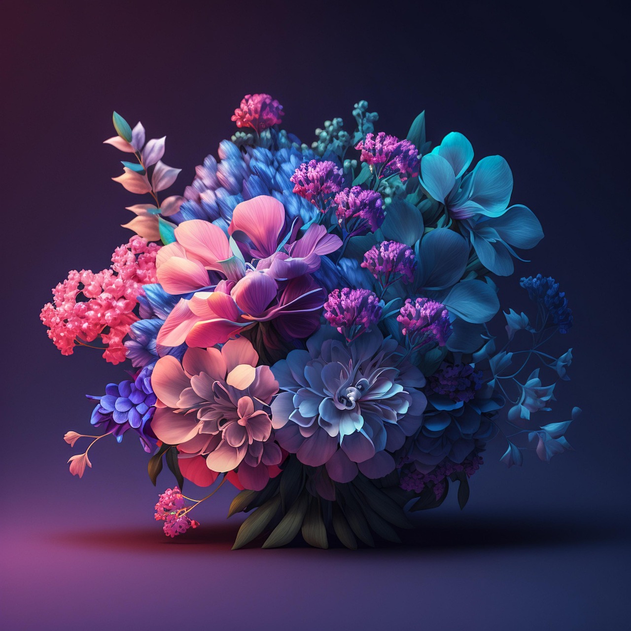 Bløddelssarkom symboliseret ved blå, rosa og turkise blomster i en kugleformet buket. Lilla baggrund.