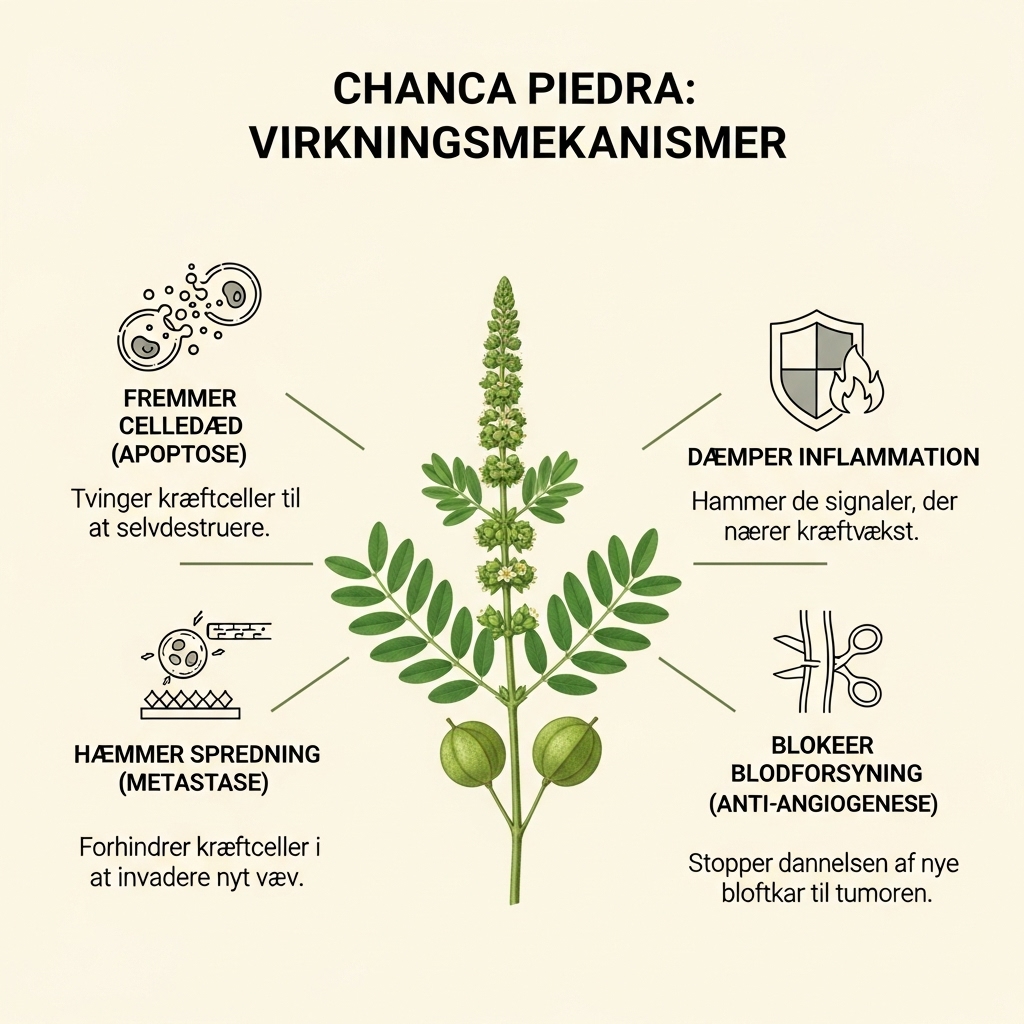 Chanca Piedra symboliseret ved en planche med en tegning af en planteskifte i grøn. Og 4 steder streg til beskrivelse af virkning omkring denne. Hvid baggrund.
