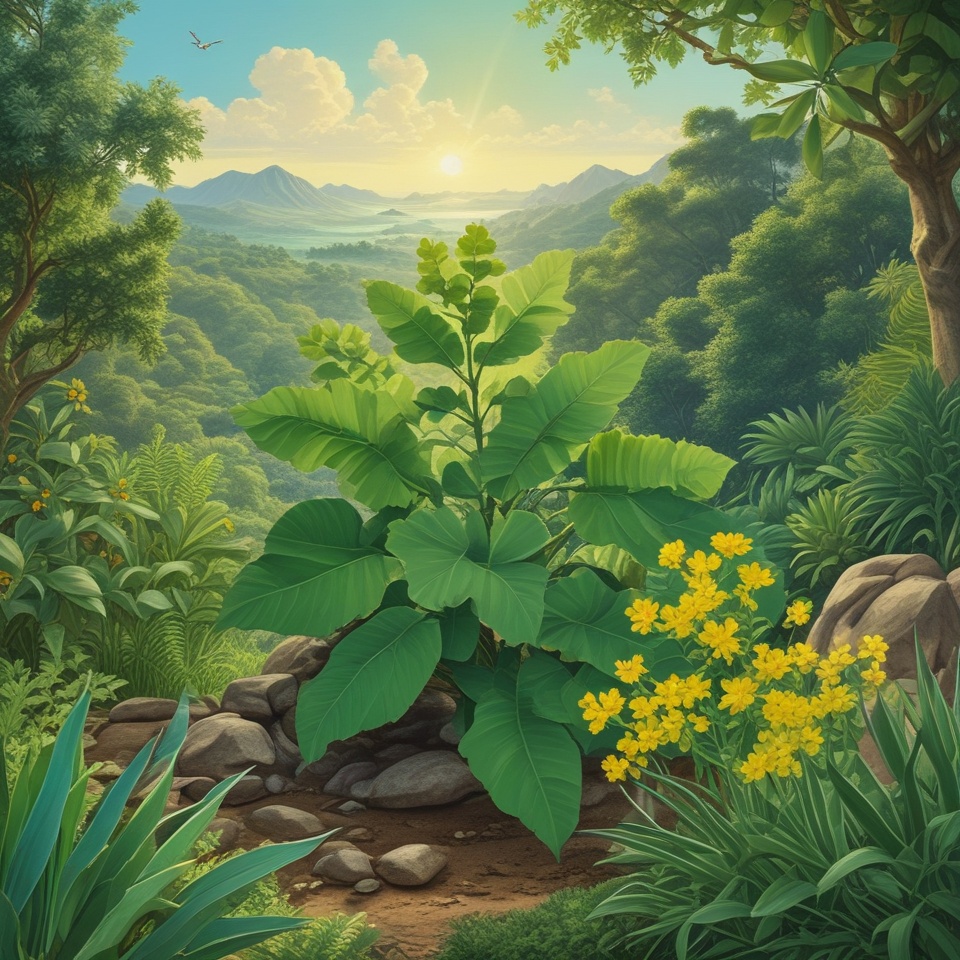 Chanca-Piedra symboliseret ved en grøn plante i en drømmeagtig skov. Gule blomster i forgrunden.