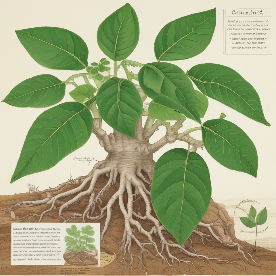 Chanca-Piedra symboliseret ved skitse af gammel plante, hvor rødderne kan ses. Lys baggrund.
