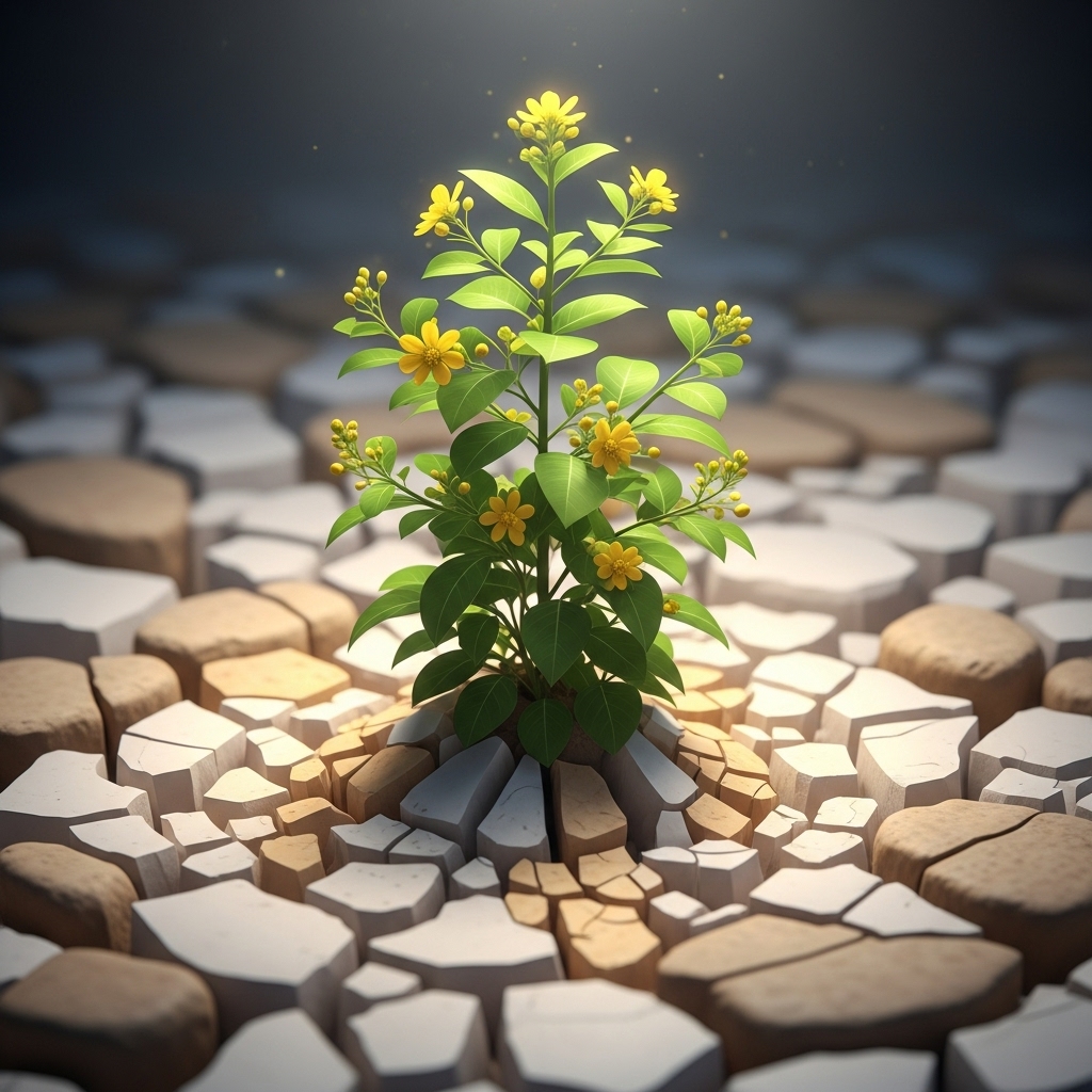 Chanca-Piedra symboliseret ved plante der kommer op af stenet undergrund.