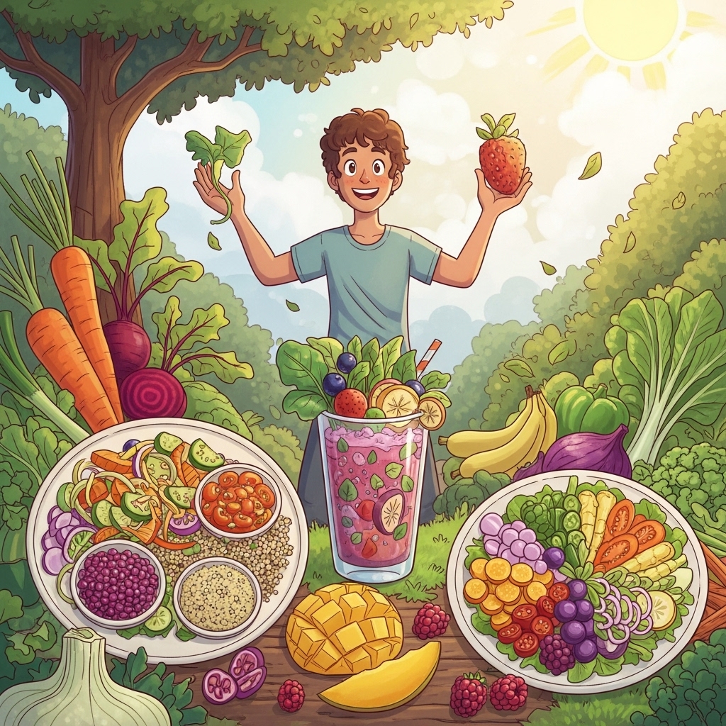 Chris Beat Cancer symboliseret ved tegning af ung mand der står i skovbryn og holder frugt og grønt op. I forgrunden ses tallerkener med diverse frugt og grøntsager.