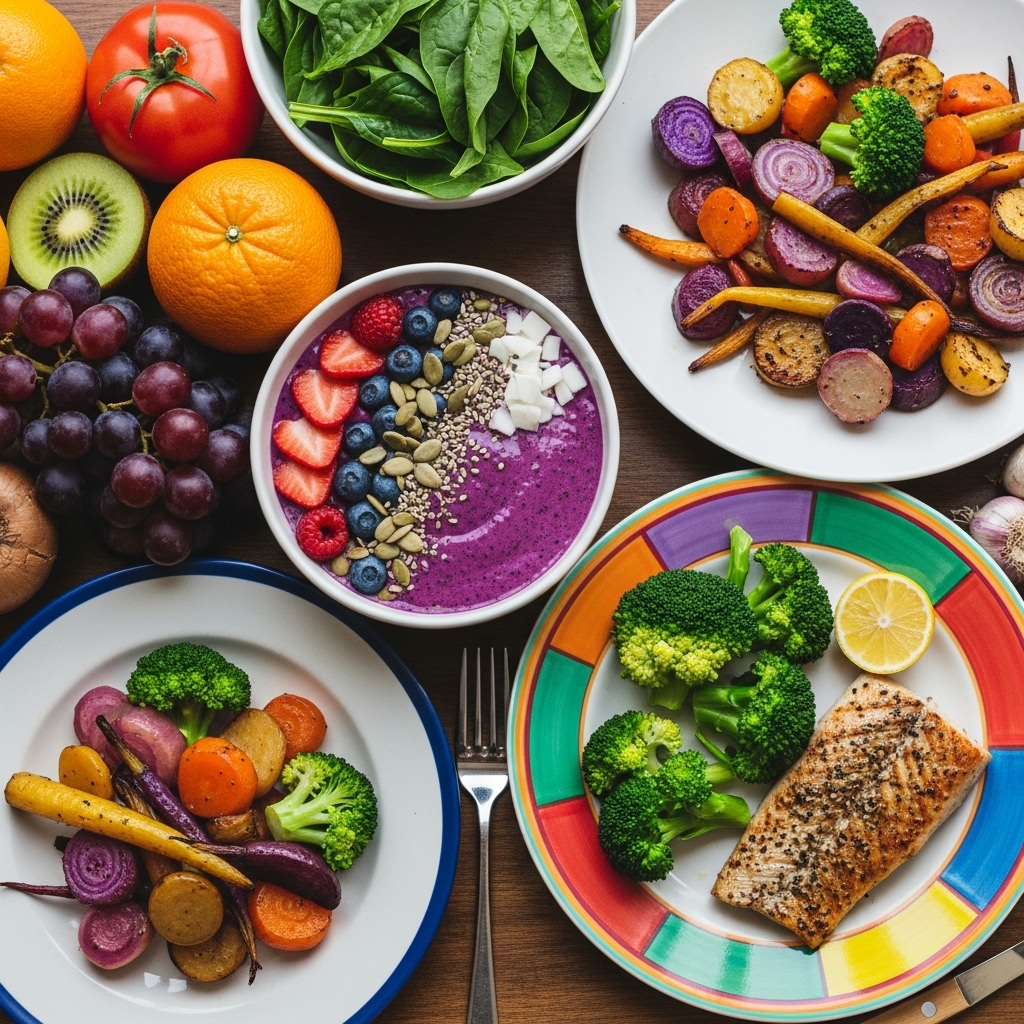 Chris Beat Cancer symboliseret ved foto af forskellig kost der indgår i hans anbefalinger. Herunder fisk, grøntsager og frugt.