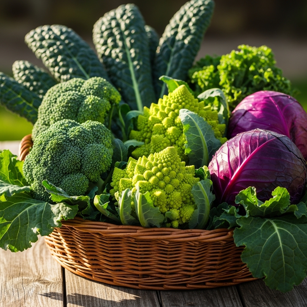 DIM symboliseret ved en kurv med diverse slags kål. Herunder broccoli og rødkål.