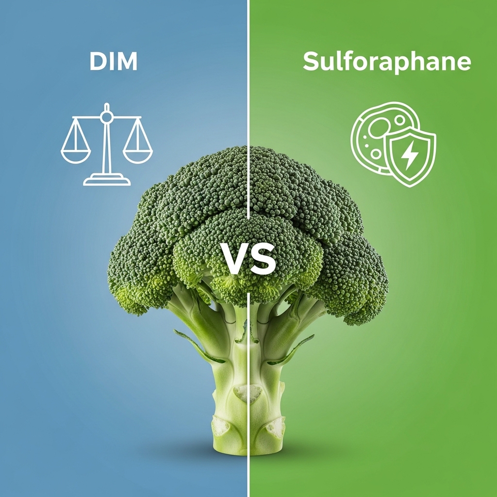 DIM symboliseret ved et broccolihoved i midten af planchen og til venstre med blå baggrund en vægt tegnet i hvid som symbol for DIM og til højre et symbol for sulforaphane.