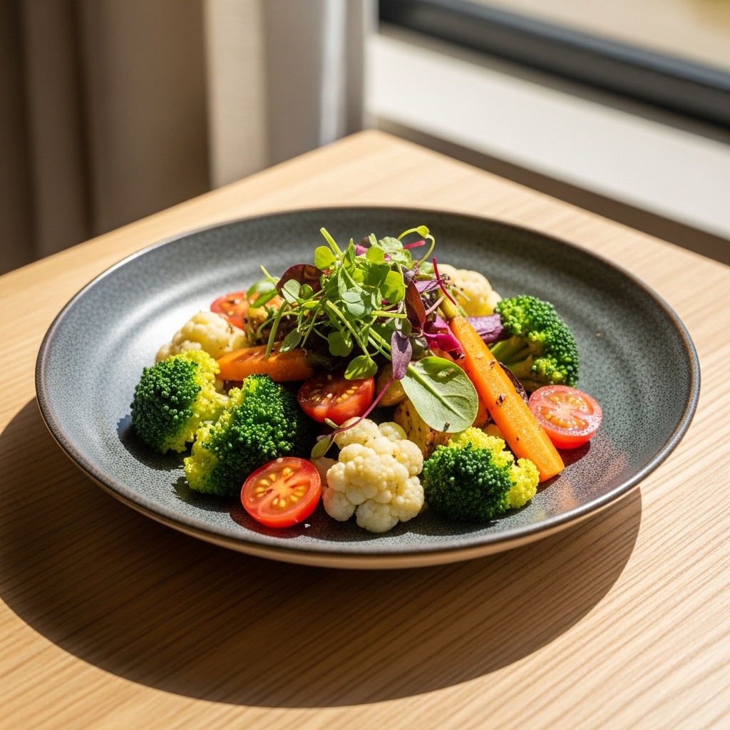 DIM symboliseret ved en grå keramiktallerken med buketter af blomkål, broccoli, halve tomater, gulerod og lidt spirer på toppen.