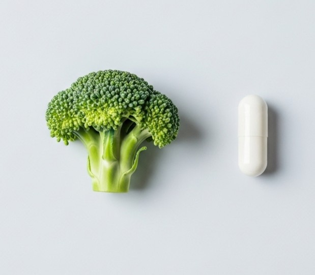 DIM symboliseret ved en buket fra broccoli og en enkelt kapsel i lys farve.