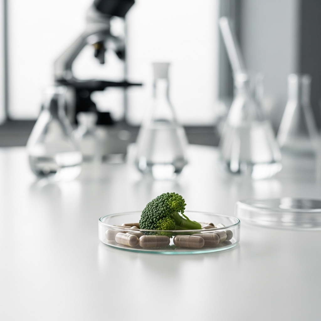 DIM symboliseret ved nogle elementer fra et laboratorie. Kolber og et mikroskop. I forgrunden en lille buket broccoli der ligger på nogle lyse kapsler.