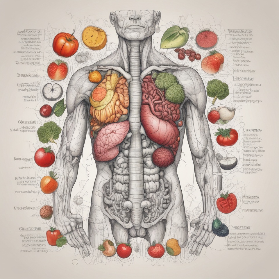Detox symboliseret ved planche med torso og indvolde og en masse grøntsager i ring uden om dette. Grå baggrund.