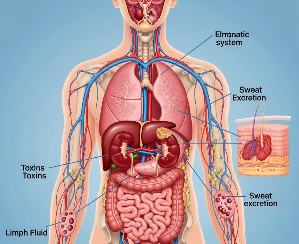 Detox - afgiftning symboliseret ved planche med tegning af menneske-torso og arme. Man ser indvolde. Dette er i rosa farver på lys blå baggrund.