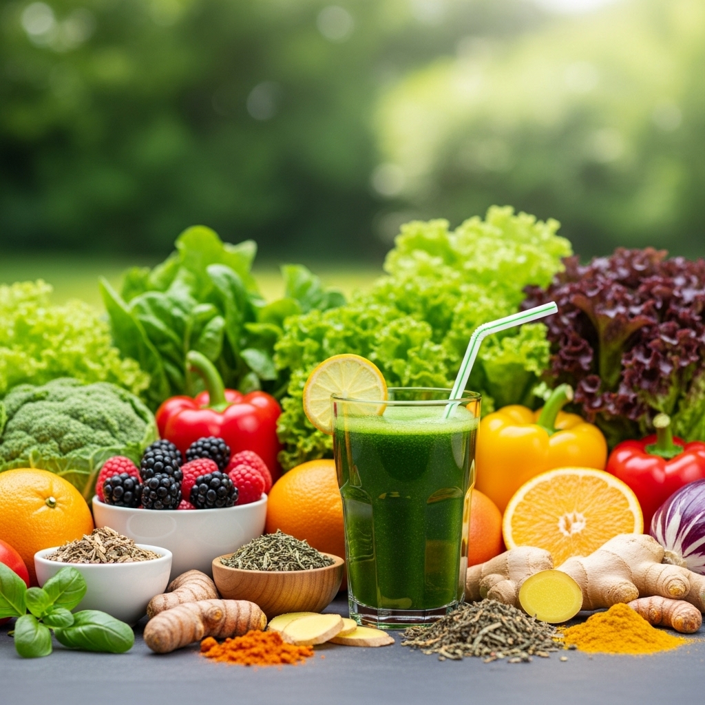 Detox - afgiftning symboliseret ved billede af frugter og grøntsager med et glas med grøntsagsjuice m sugerør i forgrunden.