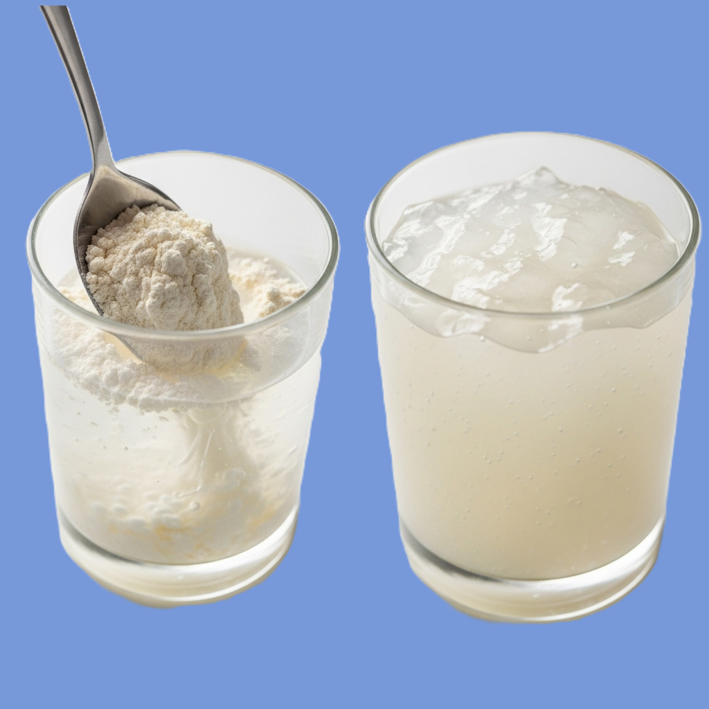 Glucomannan symboliseret ved 2 klare glas med vand. Det ene er der ved at komme en skefuld pulver ned i. Det andet er væsken blevet til en gelé-masse. Lysblå baggrund.