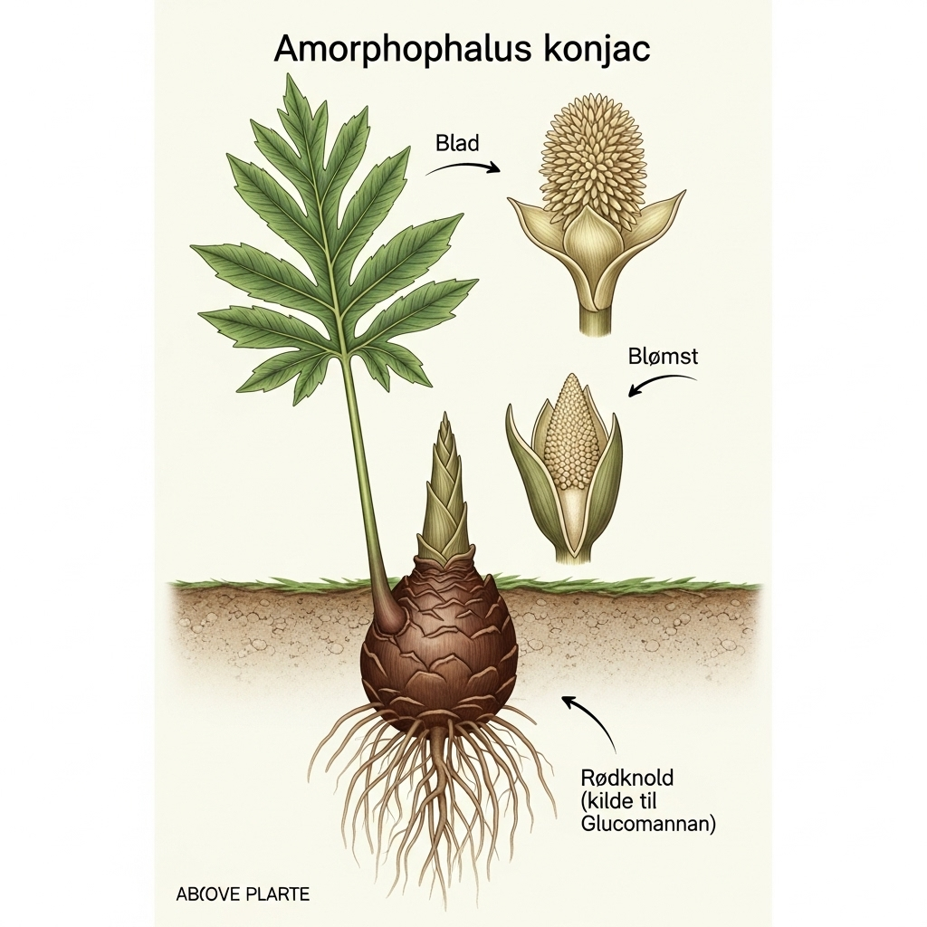 Glucomannan symboliseret ved planche af farvet tegning af plante med rod og blade. et par tekster på hvid baggrund.