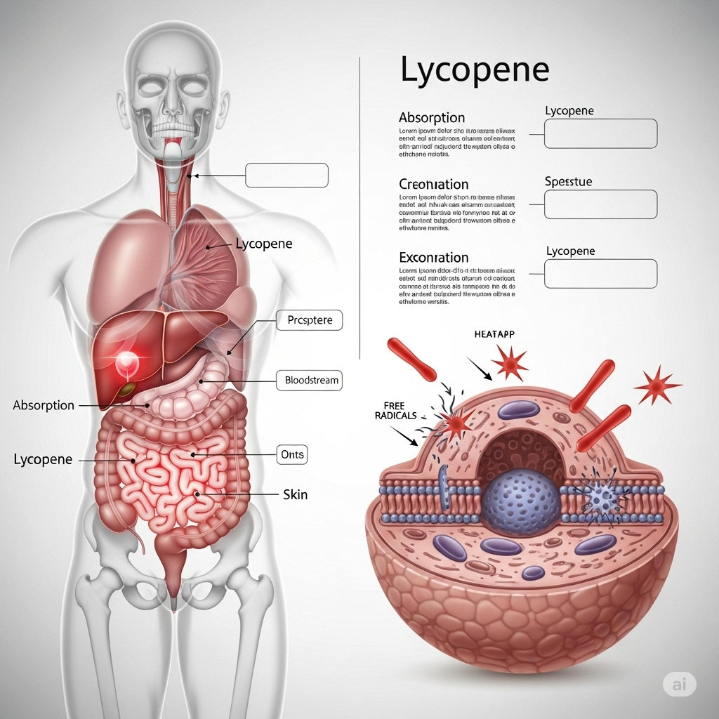Lycopen symboliseret ved planche med menneske tegnet til venstr. man kan se indvoldene. til højre skitse af lycopenmolekyle og tekst derover. lys baggrund.