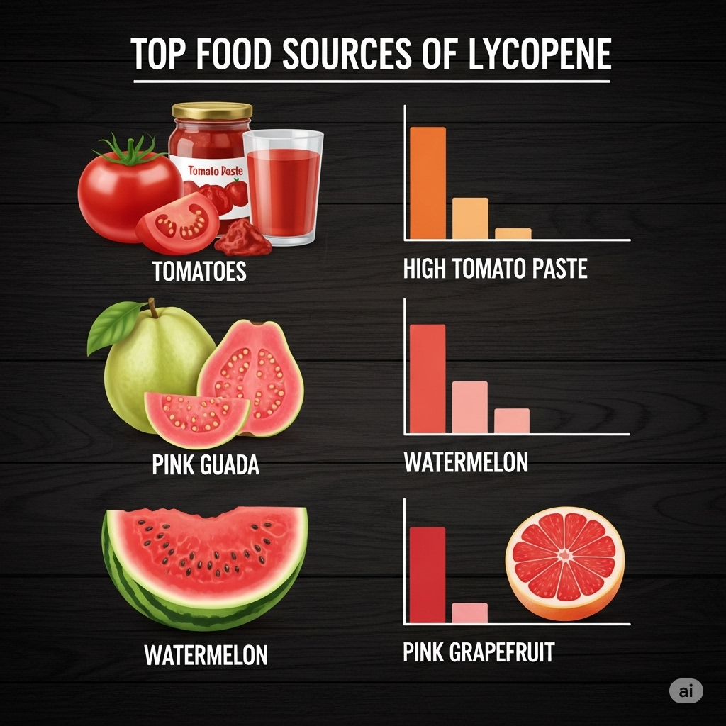 Lycopen symboliseret ved planche med oversigt over hvilke fødevarer derindeholder lycopen. øvrest tomater og tomatjuice. herunder pære og nederst vandmelon og rød grapefrugt.