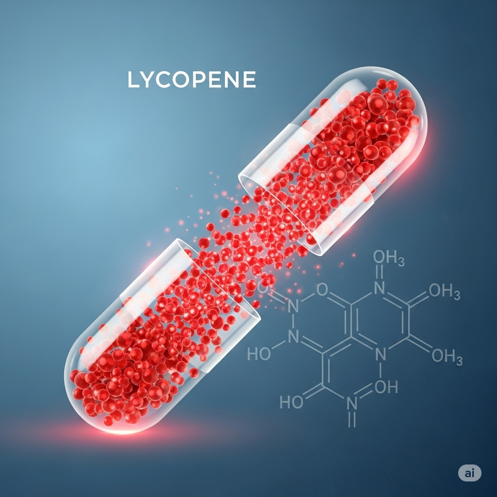 Lycopen symboliseret ved kapsel, der er åben. Rødt pulver i denne. Molekylestruktur anes i baggrunden der er blålig.