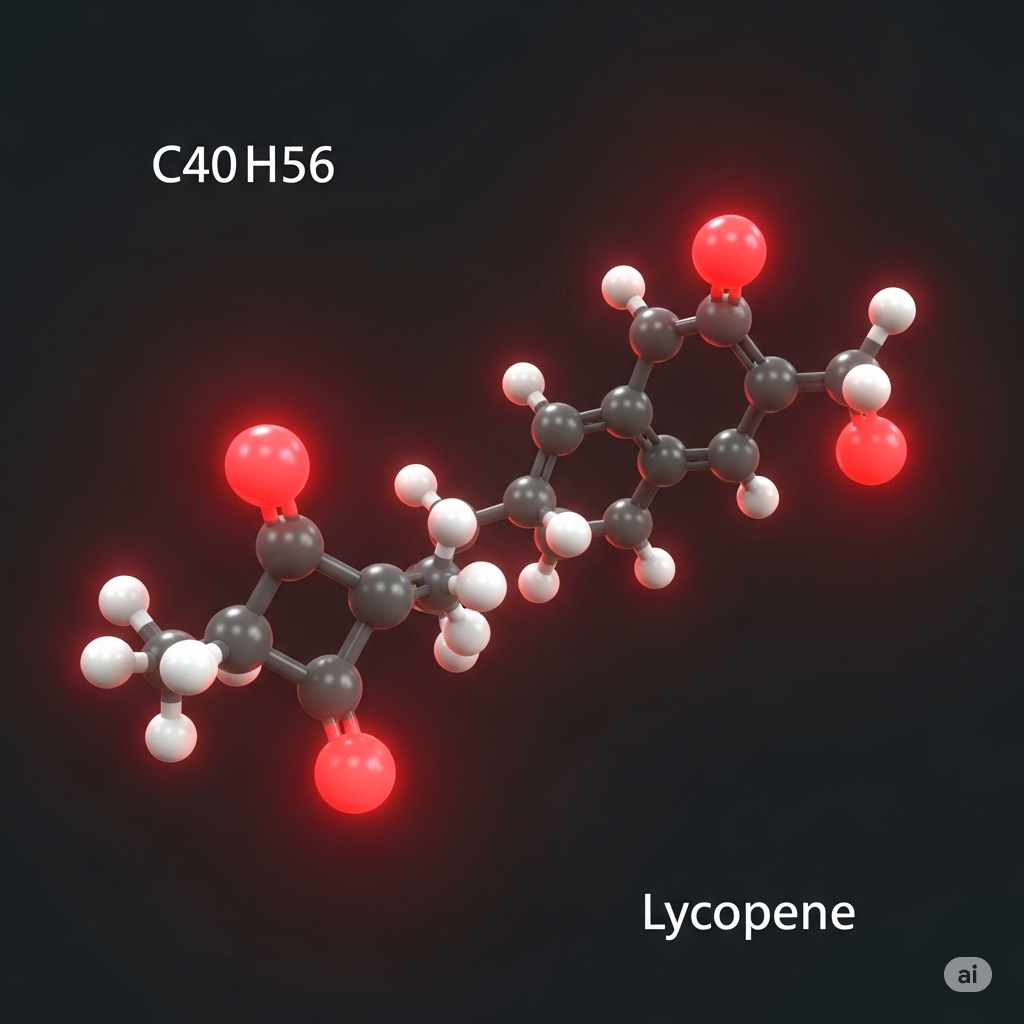 Lycopen symboliseret ved molekylestruktur som model med sorte, hvide og få røde kugler på sort baggrund.