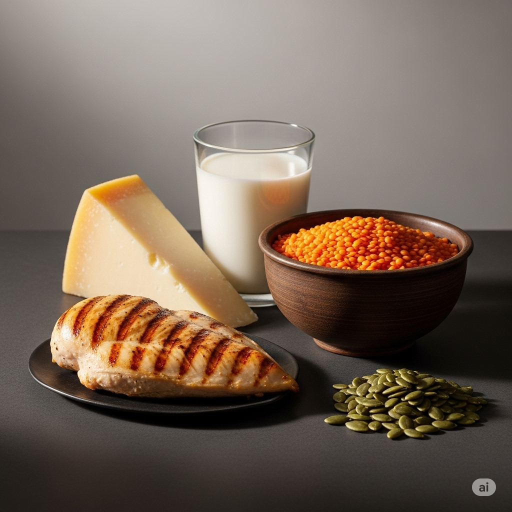 Lysin symboliseret ved et stykke stegt kylling, ost, et glas mælk, linser og nogle frøkerner. Mørkt bord og grå baggrund.