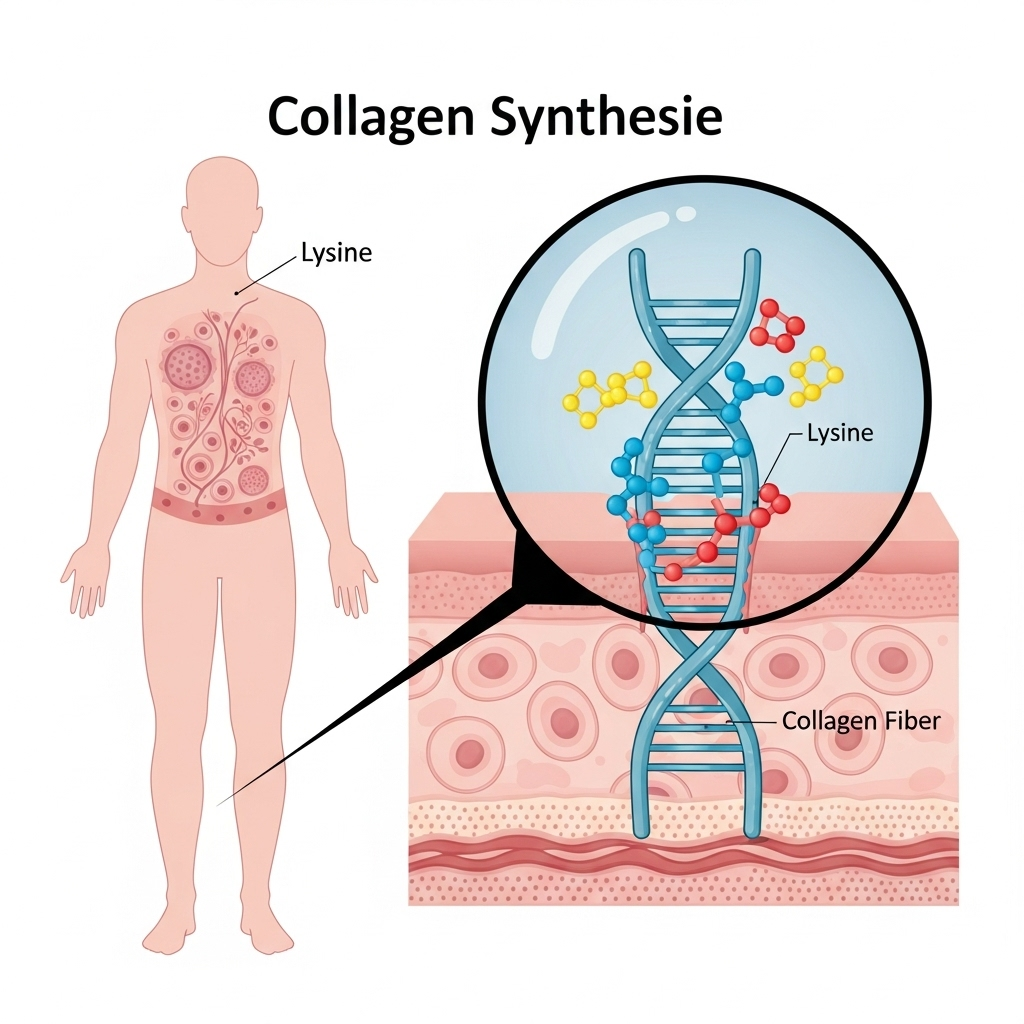 Lysin symboliseret ved planche med tegning af menneske i lyserødt og ved siden af en tegning af noget vævsagtigt med en dna-stykke i lyseblåt under forstørrelsesglas. lys baggrund