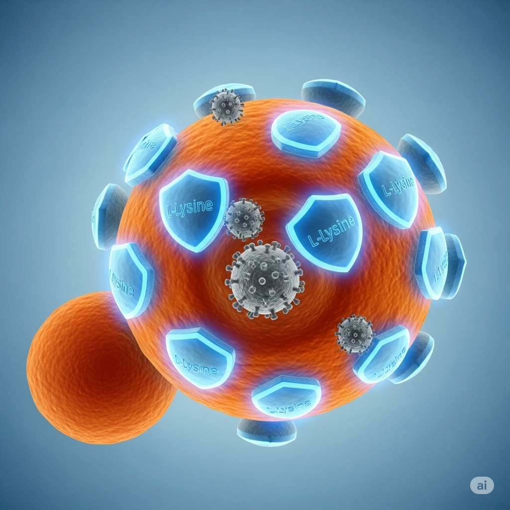 Lysin symboliseret ved orange celle eller kuglestruktur med lyseblå små skjold der sidder jævnt fordelt på overfladen. lyseblå baggrund.