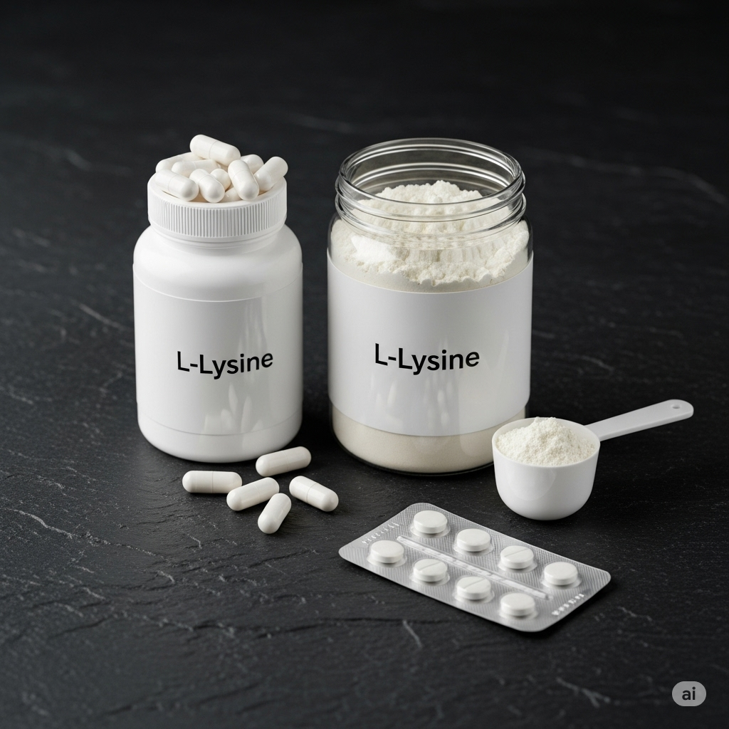 Lysin symboliseret ved to glas i klart. det ene indeholder kapsler og det andet pulver. foran ligger en blisterpakke og nogle løse kapsler. desuden ligger en måleske. Mørk baggrund.