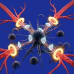 Metaboliske strategier symboliseret ved nogle kræfteller på kongeblå baggrund. Man kan se hvordan deres forsyning blokeres ved gule og lyseblå blokeringer der er sat ind som skiver. Røde linjer der illustrerer blodforsyning er også afbrudt.