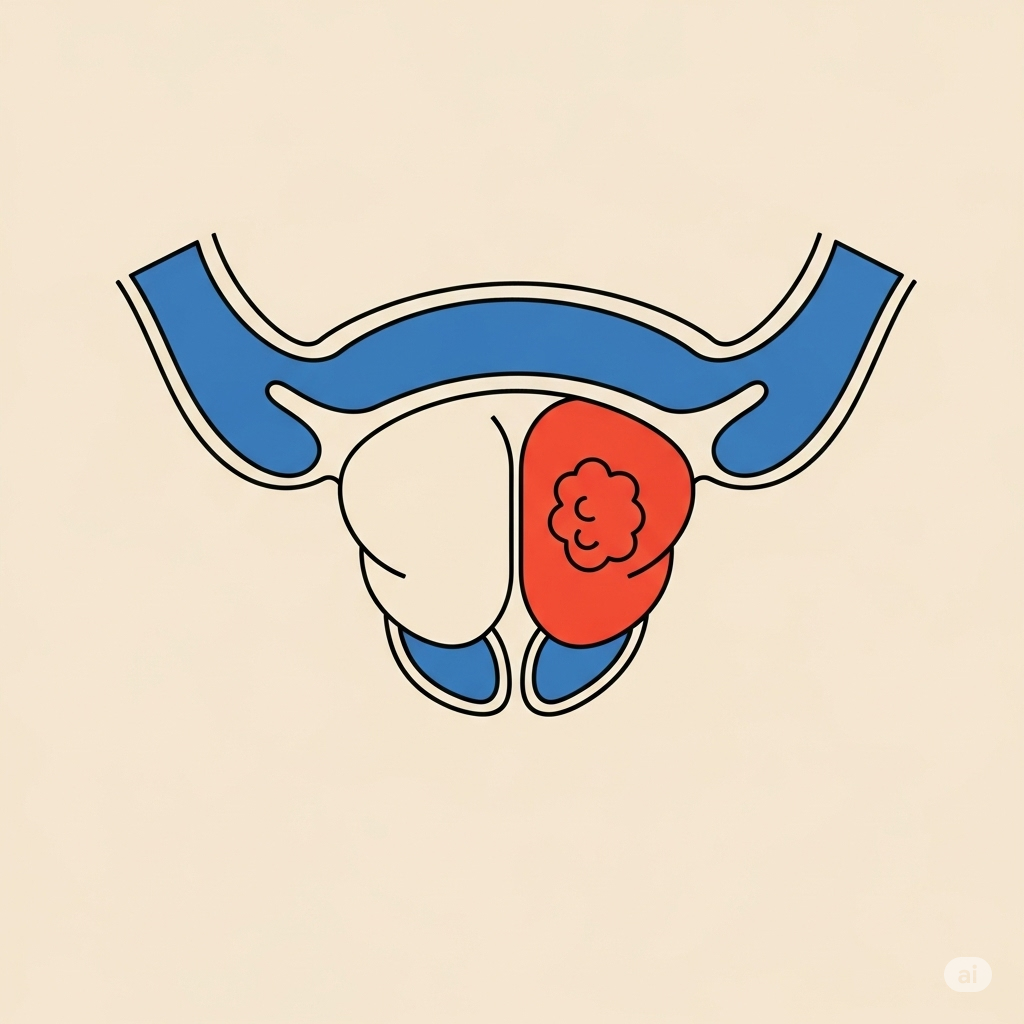 Opbyggelige historier symboliseret ved naivistisk tegning af prostata med blåt forløb og rød del. gullig baggrund.
