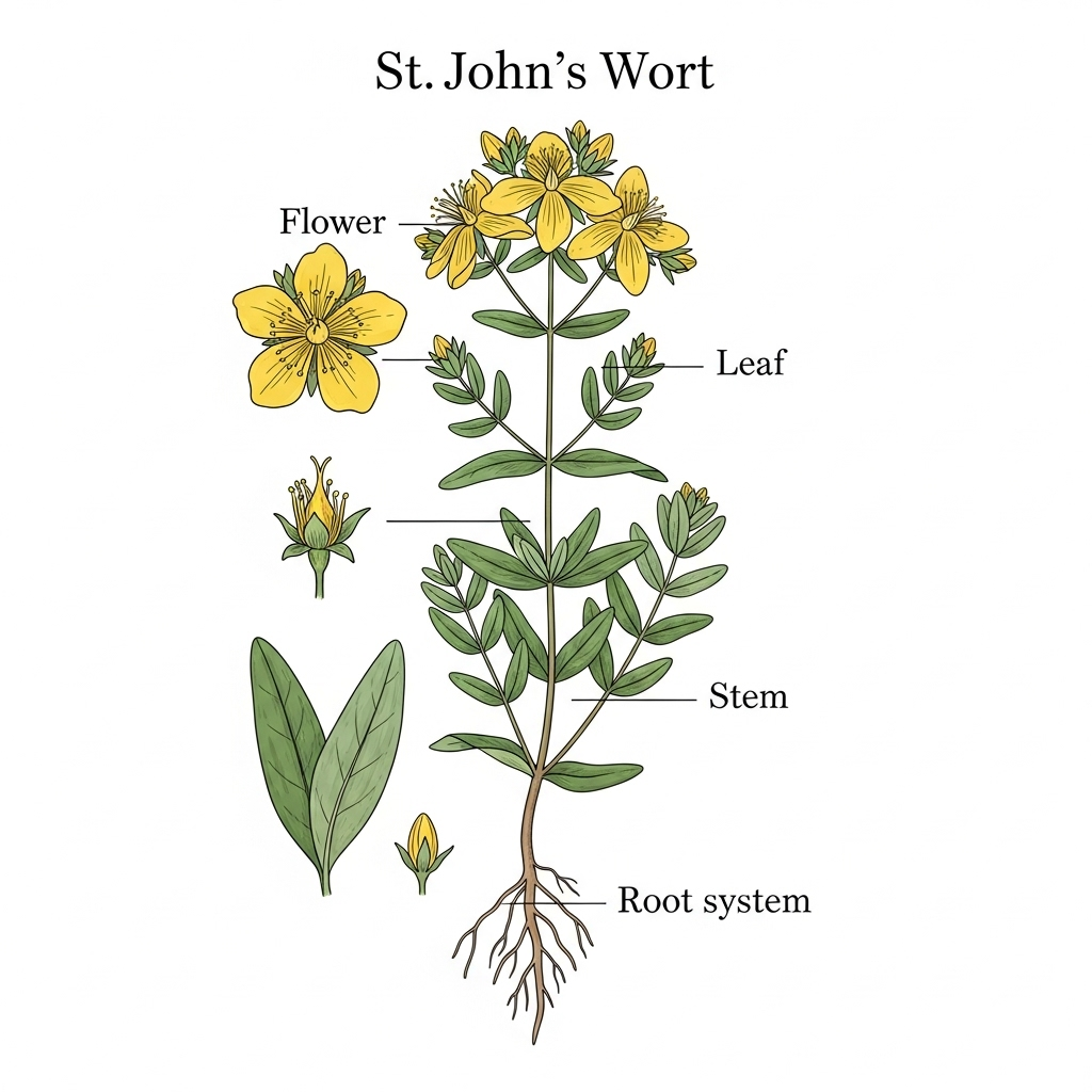 Perikon symboliseret ved Tegning af en perikumplante med rod og dele af planten beskrevet ved siden af. Hvid baggrund.