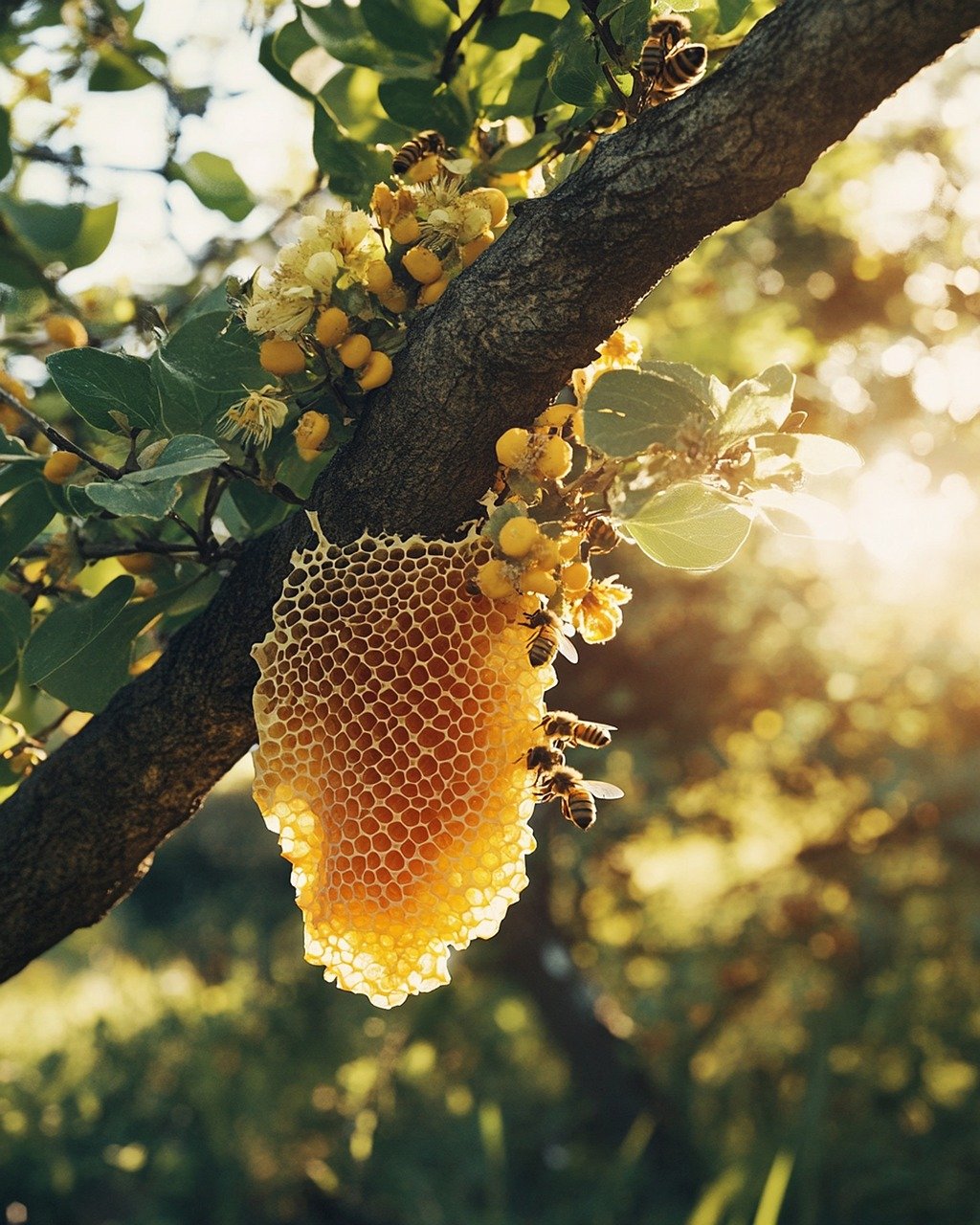 Propolis symboliseret ved en gren med en bikube hængende. Det er set nedefra. Enkelte bier sidder udenpå denne kube.