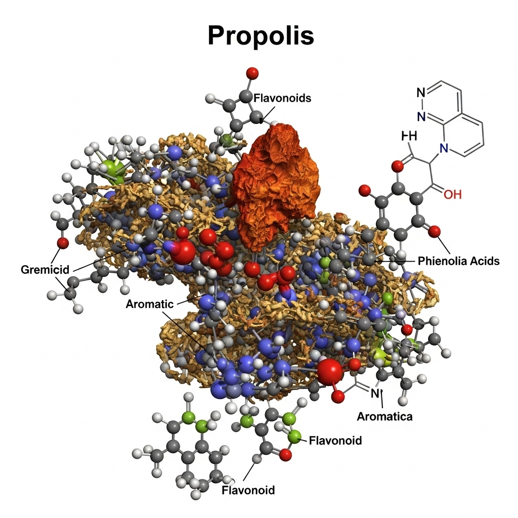 Propolis symboliseret ved en skematisk illustration af molekyleopbygningen i farver på hvid baggrund.