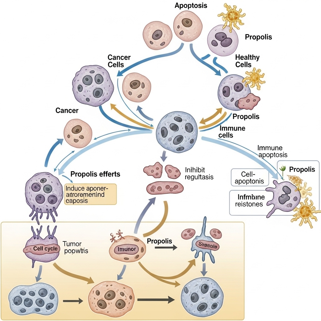 Propolis symboliseret ved en planche, der viser princippet for virkningen ved supplerende behandling af kræft.