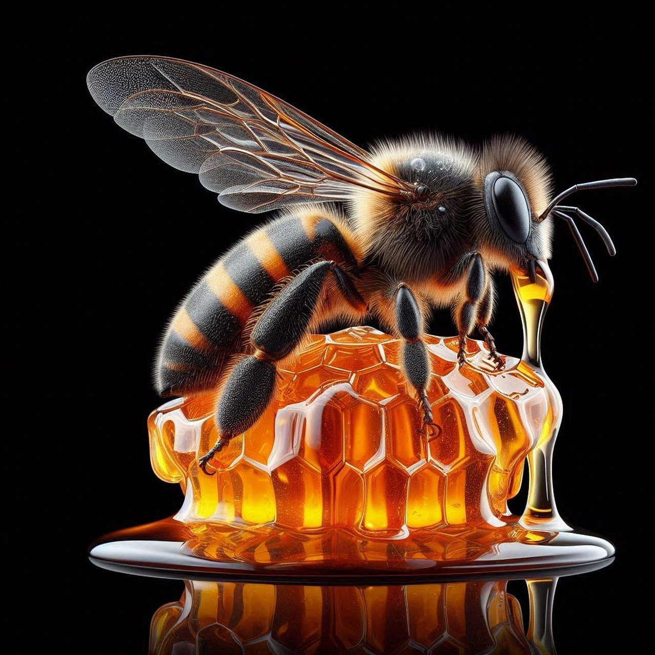 Propolis symboliseret ved bi der sidder på et emne kun lidt større end den selv. Der flyder honning ned over dette. Sort baggrund.