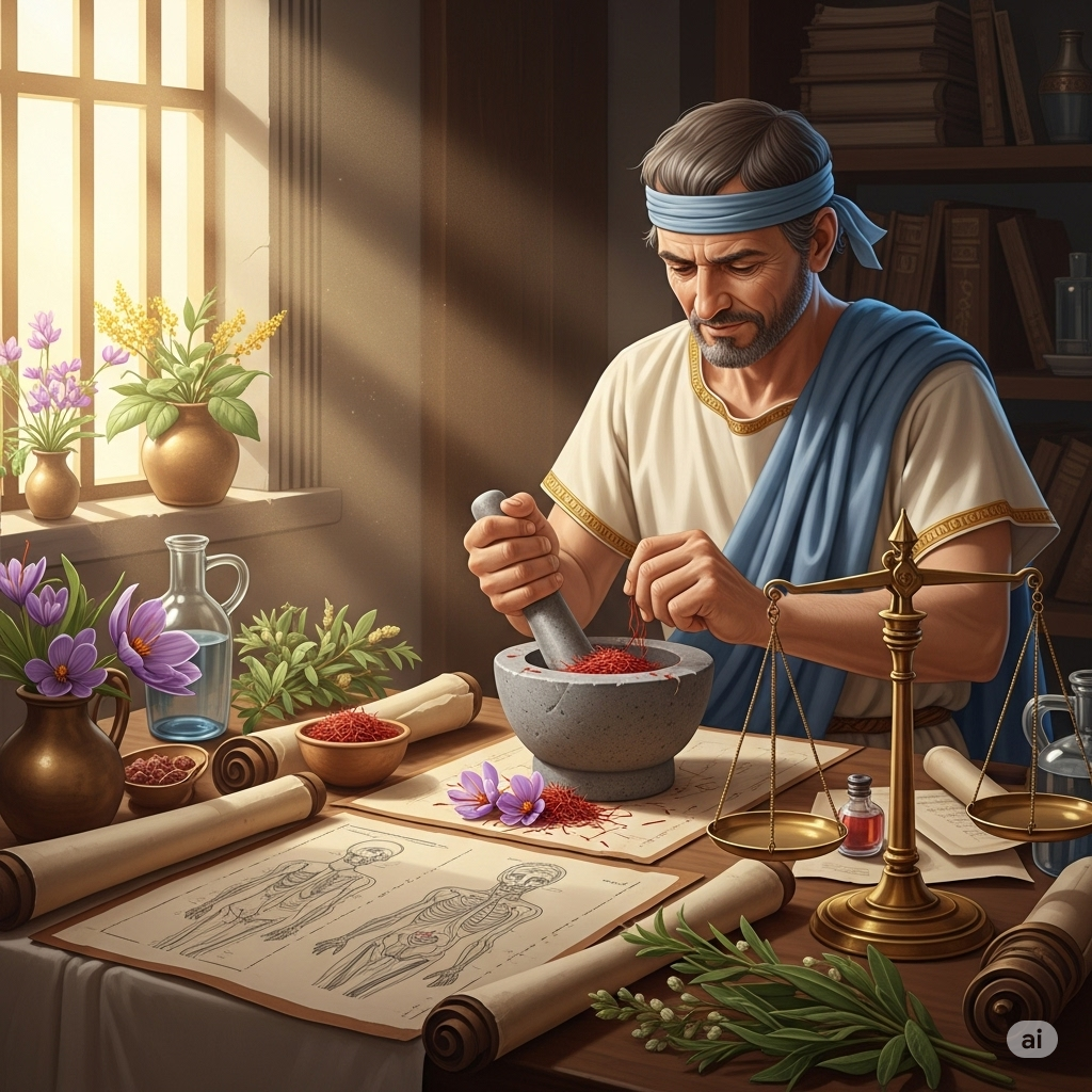 Safran symboliseret ved billede af mand fra gamle dage, der sidder og støder safran i en morter og har skriftruller liggende som inspiration. Der kommer lys ind fra et vindue.