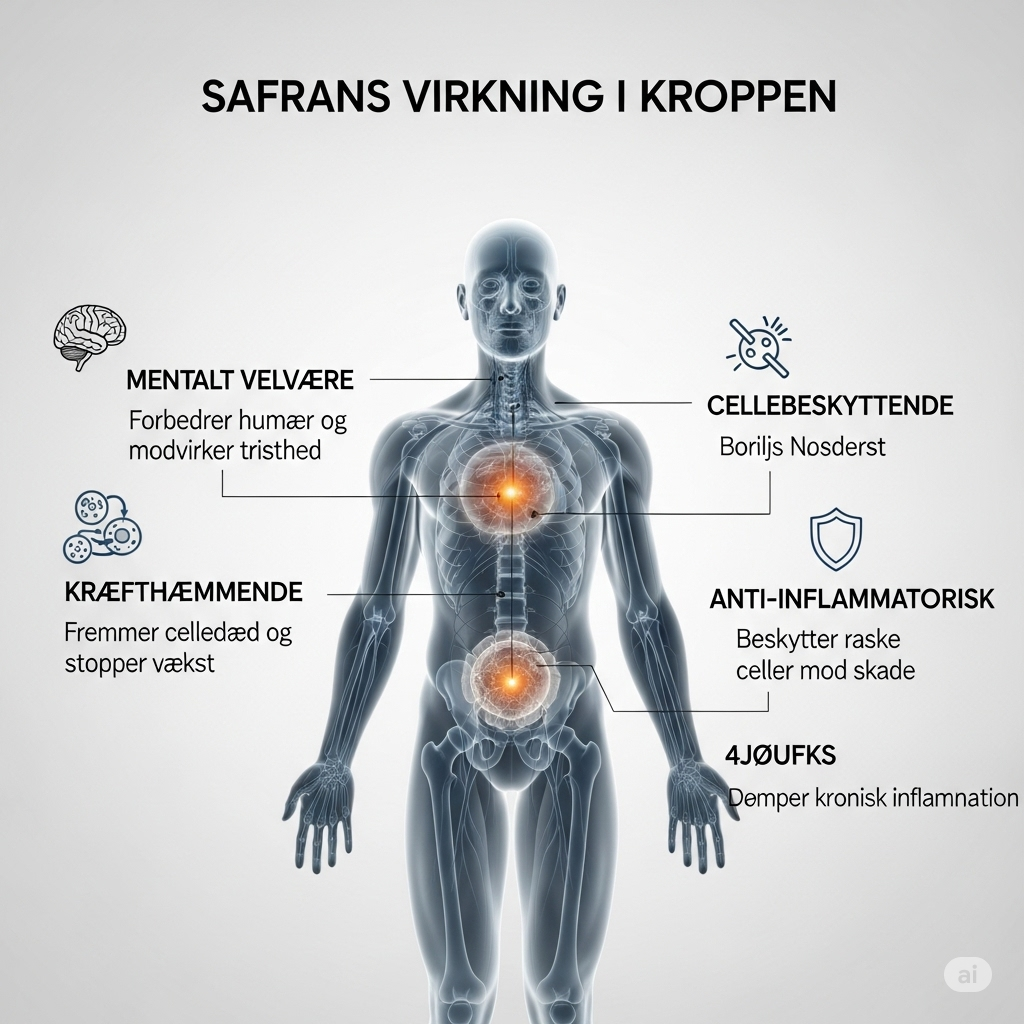 Safran symboliseret ved Planche med mand i grå tone, og med 4 symboler med forklaring omkring sig. Det er ikke tydeligt nok til at læse teksten.
