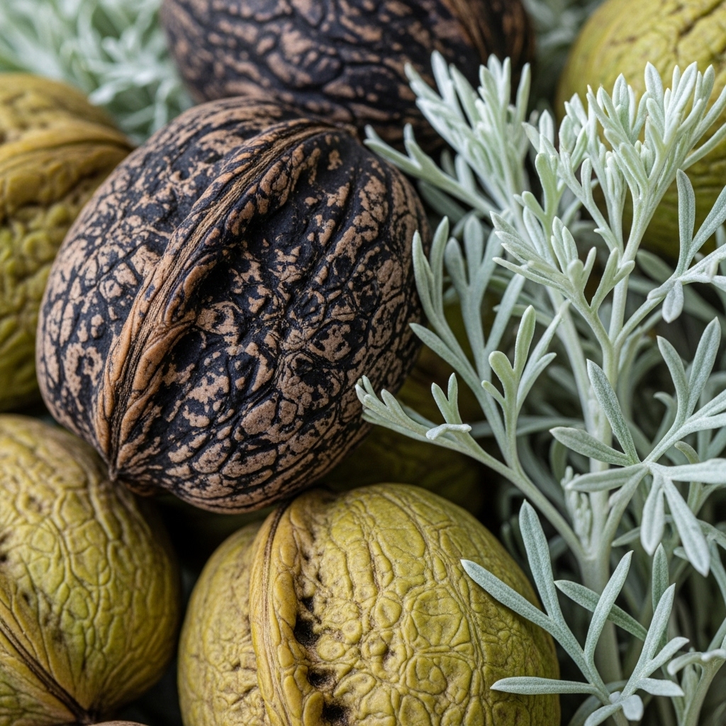 Sort valnød symboliseret ved en sort valnød og 2 almindelige. Alle med skal på. En lille dusk tørret krydderurt i bleggrøn ligger op ad disse.
