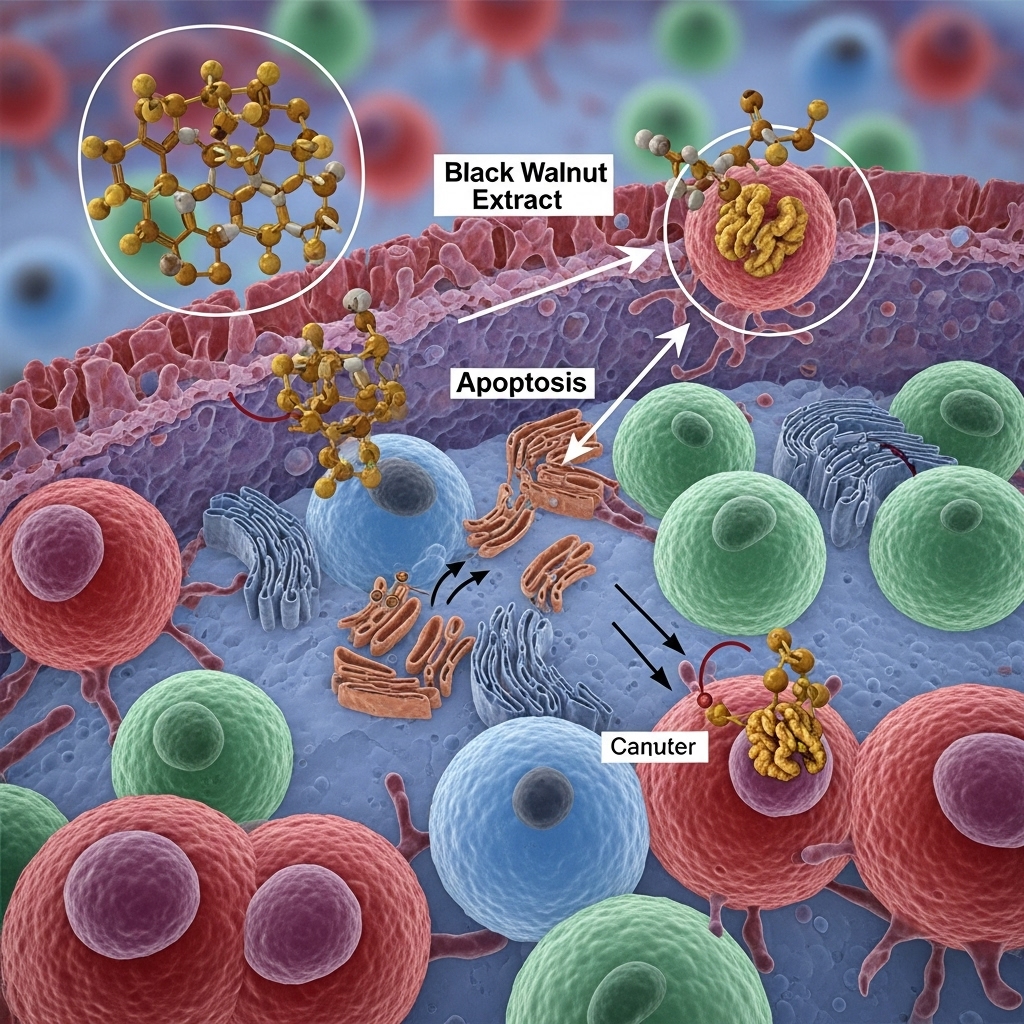 Sort valnød symboliseret ved skematisk fremstilling af virkemekanisme med celleformationer i blå, rød og grønne farver. Baggrund i blå-lilla.