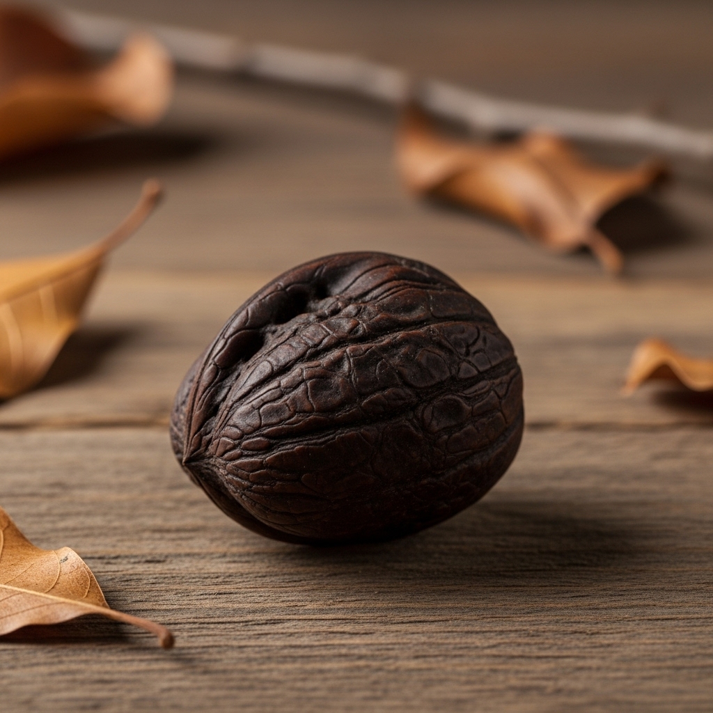 Sort valnød symboliseret ved en endnu ikke knækket meget mørk valnød, der ligger på et træbord. Spredte visne blade rundt om denne.