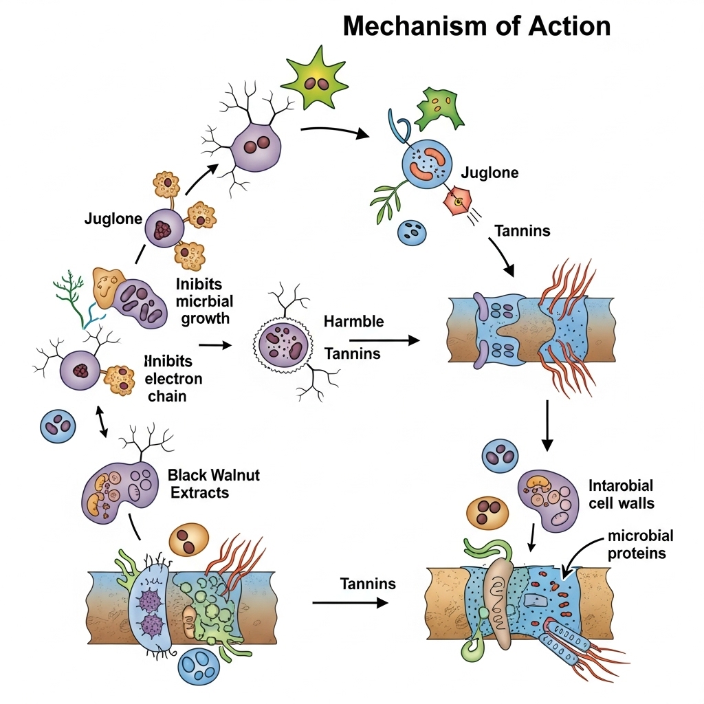 Sort valnød symboliseret ved planche med oversigt over virkemekanisme. Tegninger med uforståelig tekst.