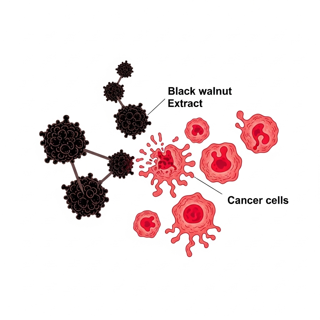 Sort valnød symboliseret ved forsimplet tegning af celler fra sort valnød der angriber røde kræftceller.