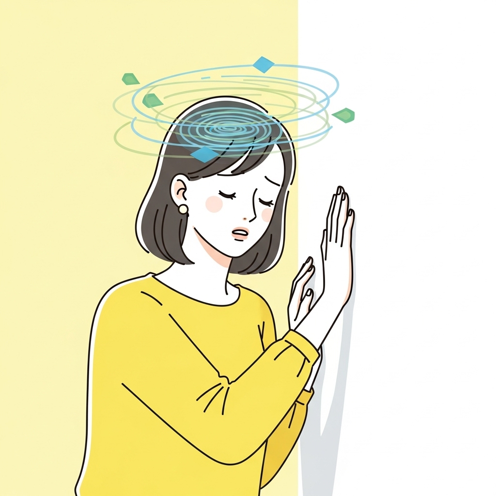 Svimmelhed symboliseret ved kvinde i gul trøje, der støtter sig til væg. stjerner omkring hedes hoved indikerer svimmelhed. Tegning.