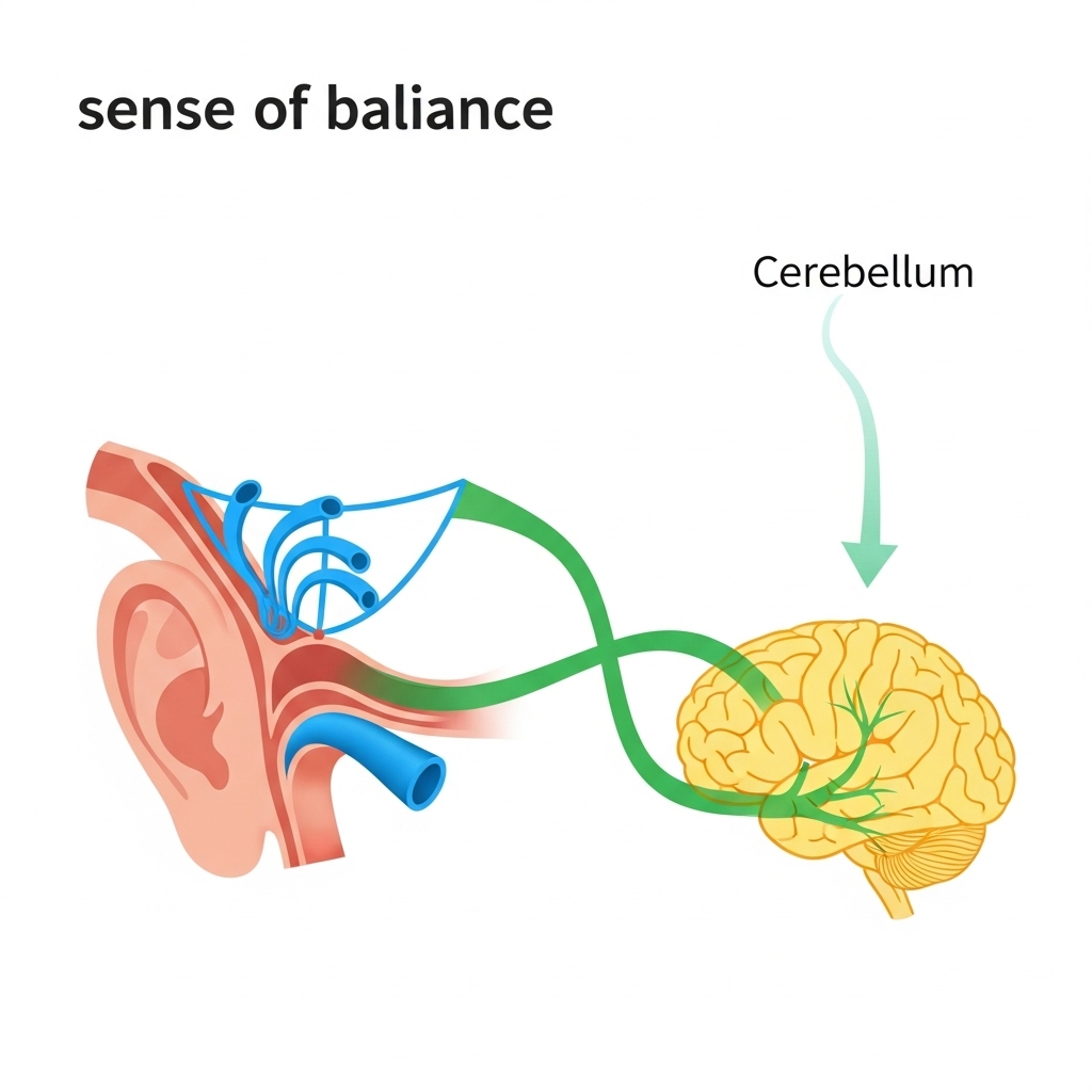 Svimmelhed efter stråler symboliseret ved tegning af øre og hjerne og samspillet mellem disse vises ved grønne tråde.