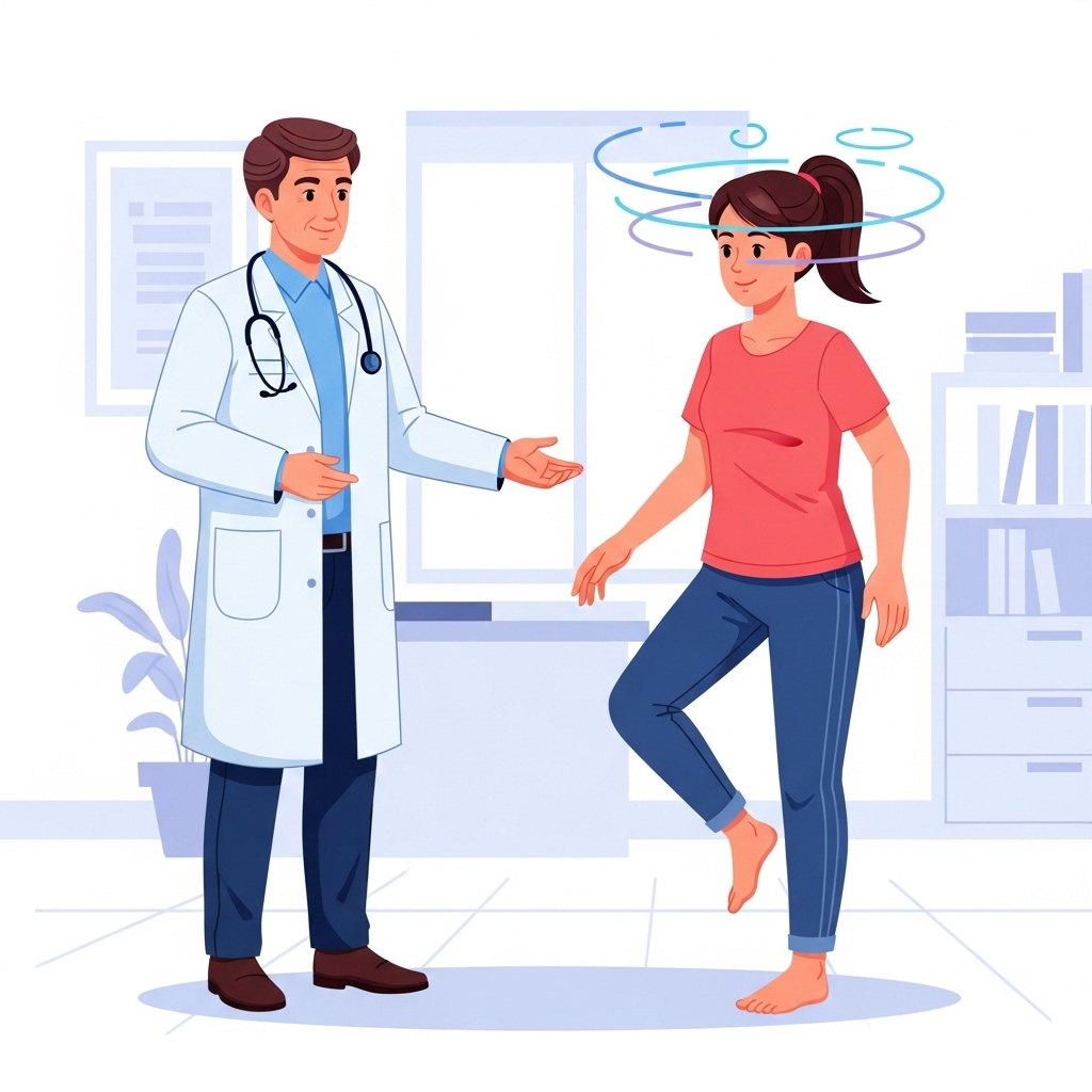 Svimmelhed symboliseret ved tegning af læge i kittel og kvindelig patient, der viser at hun kan stå på et ben.