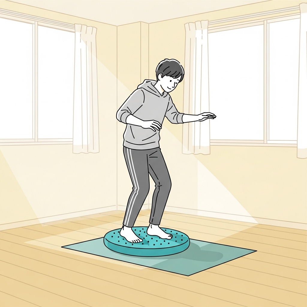 Svimmelhed symboliseret ved tegning af mand der står på vippebræt eller luftpude.